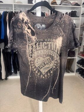 Affliction Black & Bleach-Splatter 'Live Fast' Graphic Tee/Bronze Rhinestones